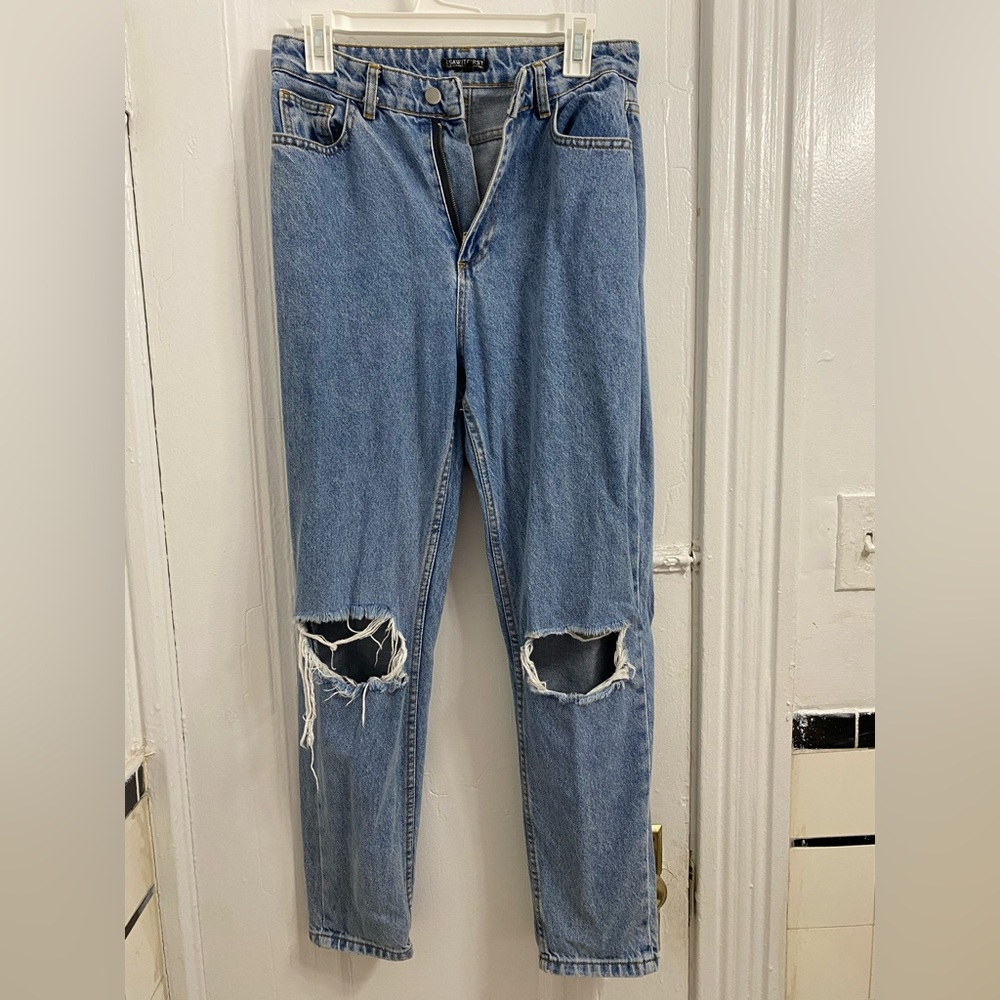 Blue Straight Leg Jeans with Knee Distressing